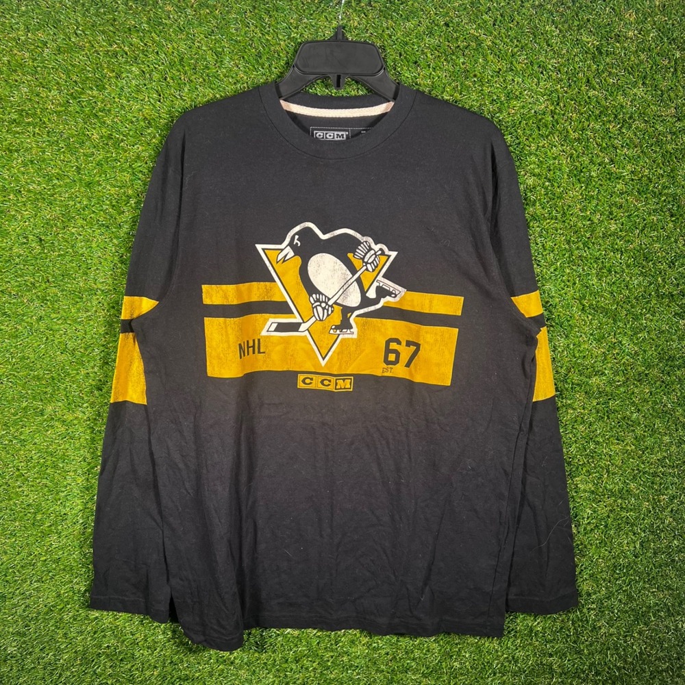 CCM Pittsburgh Penguins NHL Long Sleeve T-Shirt‎ Mens Large Black Yellow Graphic
